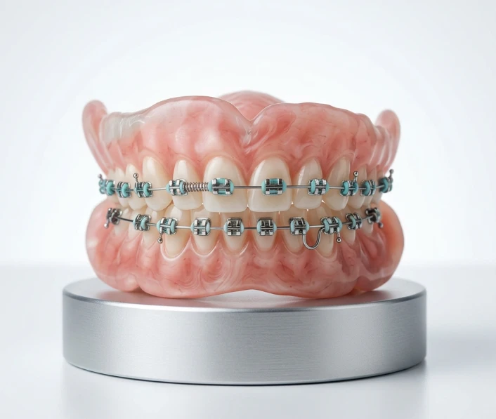 Modelo de arcada dentária com aparelho ortodôntico metálico